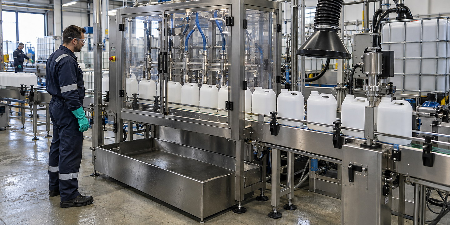 A contained chemical filling line in operation with drums or bottles, extraction and guarding visible, photographed from a safe working aisle.